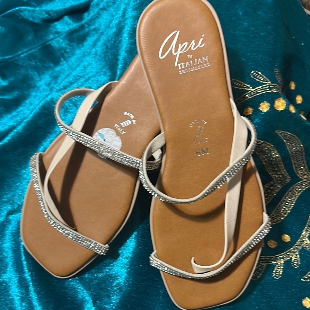Tan and Silver Flat Sandals with Metallic Straps